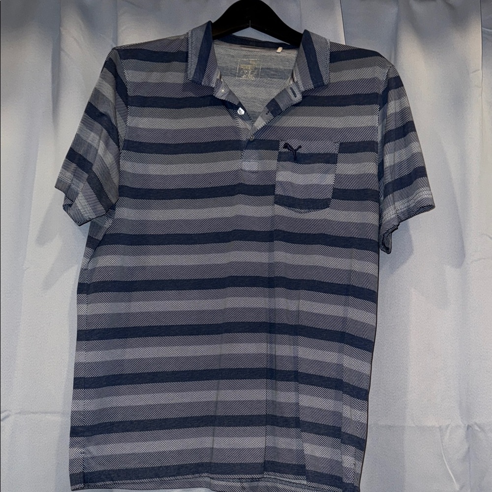Puma Men's Polo Shirt - Navy and Light Gray Stripes